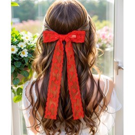 XFYUZR 4PCS Black and Red Lace Bow Clip for Women Girls,Big Tassel Ribbon Bowknot with Long Tails,Ponytail Holder Hair Bows Metal Clips,Tulle Lace Hair Accessories