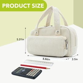 INNOIO Aesthetic Pencil Case, Soft Corduroy Big Pencil Pouch, Wide Opening & Sturdy Zipper, Multiple Pockets Organizer for School Supplies, Cute Beige Pencil Bag for Teen Girls College Adults