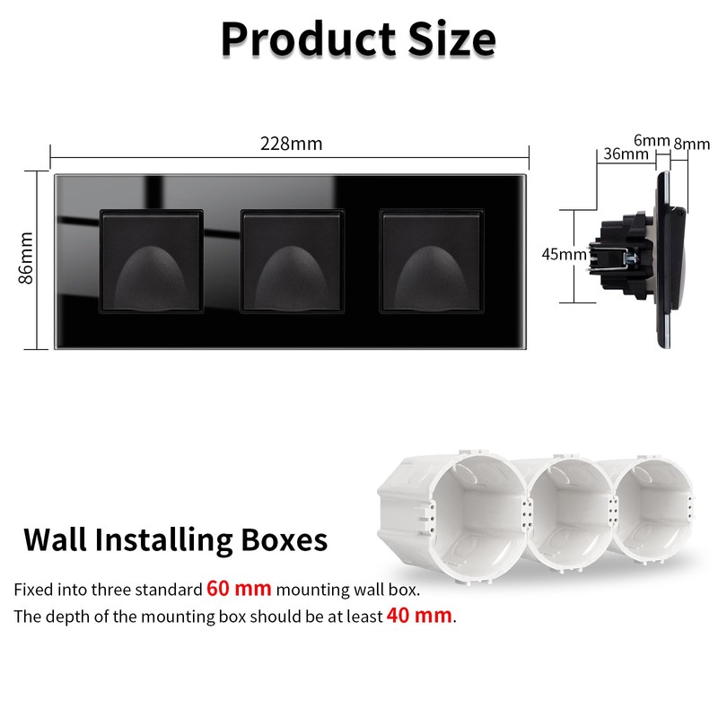 JIMEIDA 3 Socket Flush-Mounted Black 16 Amp Glass Sockets with