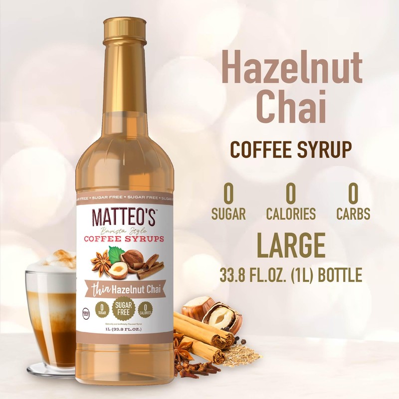 Matteo's Barista Style Sugar-Free Coffee Syrup, Hazelnut Chai Flavor, Zero