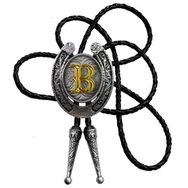 Moranse Bolo Tie Golden Initial Letter A to Z In Western Cowboy Horseshoe Style with Cowhide Rope Necktie(B)