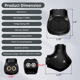 Joinfworld 2 Port Insulated Multi Tap Connector Aluminum to Copper Wire Connectors 4-14AWG Single Side Entry Aluminum Black Electrical Cable Connectors with Slotted Allen Hex - 10 Pack