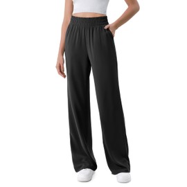 ODODOS Chiffon Flowy Wide Leg Pants for Women Lightweight High Waist Pull-On Pants with Pockets, 29" Inseam, Black, Large