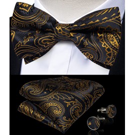 DiBanGu Silk Bow Ties for Men Paisley Pre-tied Bowtie and Pocket Square Cufflinks Lapel Pin Set Wedding Party Formal, Black and Gold