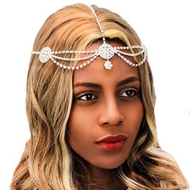 Jovono Rhinestone Head Chain Silver Bride Wedding Headpieces Floral Hair Chain Festival Costume Hair Accessories for Women and Girls (Set-4)