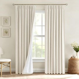 MIULEE Tan Beige Pinch Pleated 100% Blackout Linen Curtains for Bedroom, Room Darkening Light Blocking Window Curtains 84 inches Long for Living Room, Black Out Pleat Drapes with Pin Hooks, 2 Panels