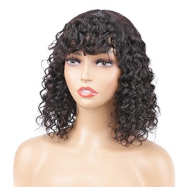 VIYAVIYA Curly Bob Wig With Bangs 14inch Short Curly Wigs for Black Women None Lace Front Human Hair 150% Density Glueless Water Wave Brazilian Hair wigs None Lace Front Wig Natural Color