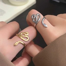 Aneneiceera Vintage Long Snake Ring Gold Spiral Snake Ring Snake Opening Finger Ring Punk Reptile Serpent Ring Adjustable Statement Ring Jewelry for Women (Gold)