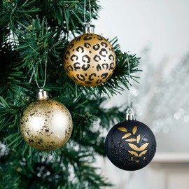 DecorbyHannah Christmas Ornaments, Black Gold Christmas Tree Decorations, 9ct 60mm Shatterproof Hanging Leopard Theme Christmas Ball Ornaments for Tree, Home Indoor Party Decor