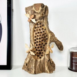 Darthome Teak Root Beehive Sculpture Hand Carved Rustic Wood 3 Honey Bees Decoration Gift 17x28x10cm