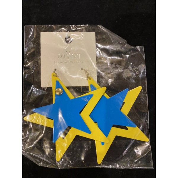 DaVinci 80’S Retro Earrings Bright Yellow Blue Star Statement Large