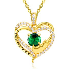 Emerald Necklace May Birthstone Sterling Silver Cat Necklaces for Women Gold Cat Heart Pendant Cute Animal Jewellery Mother's Day Wedding Anniversary Birthday Gifts for Women