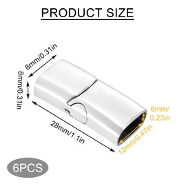 Pack of 6 Bracelet Magnetic Clasp, Rectangle Clasp for Jewellery, 12 x 6 mm Silver Magnetic Clasp Jewellery Stainless Steel for Leather Band Necklace Buckle Hole