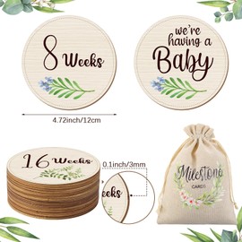 18 Pcs Wooden Pregnancy Week Signs for 8-40 Weeks Pregnancy Milestone Tracker Discs Neutral Baby Announcement Cards Double Sided with Bag for Pregnant Moms