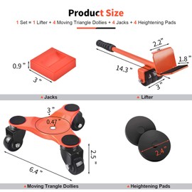 Ronlap Furniture Moving Dolly Mover Sliders with 3 Wheels Steel Moving Rollers for Heavy Furniture 6-Inch Triangular Wheel Kit with Lifter 4 Pack Pool Table Move Easily Tools 500Lbs, Orange