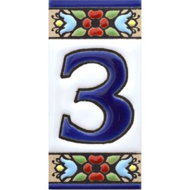 House numbers 3 inch. Handpainted house number tiles for signs, addresses and names. Address numbers for houses. House address numbers and letters. Design FLORES MINI 2,87" x 1,38" (NUMBER 3)