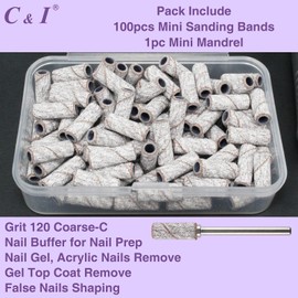 C & I 100pcs Small Sanding Bands & 1pc Slim Mandrel Nail Drill Bit Set Acrylic Gel Remove False Nails Shaping Cuticle Care Nail Prep Efile Nail Supplies for Nail Salon (White, 120 Coarse-C)