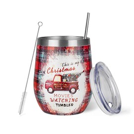 Christmas Wine Tumbler 12 oz Christmas Stainless Steel Wine Glass with Lid and Straw Stemless Double Wall Insulated Wine Cups Keeping Cold & Hot for Holiday Xmas Wedding Party Gifts (Christmas trucks)