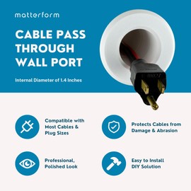 Cable Pass Through Wall Port | Fits Cable Sizes up to 3-Prong Plug | Compatible with 3 5/8” - 5 1/4” Wall Thickness | Provides Solid Channel Through Wall (White)