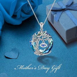 TOUPOP Evil Eye Necklace with Tree of Life Blue Crystal Pendant Necklace 925 Sterling Silver Protection Jewelry Birthday Anniversary Valentines Day Gifts for Women Her