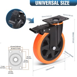 6 Inch Caster Wheels 3000 Lbs, Heavy Duty Casters Set of 4 with Brake, Safety Dual Plate Locking Industrial Casters, Silent Wheels for Cart with Polyurethane Foam (Two Hardware Kits Included)