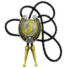 Moranse Upgrate Bolo Tie Golden Initial Letter A to Z In Western Cowboy Horseshoe Style with Cowhide Rope Necktie(J)