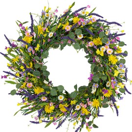 J'FLORU Large Spring Wreaths for Front Door 28 Inch Artificial Spring Wreath Summer Flower Wreath with Daisy and Lavender for Indoor Outdoor Wall Window and Easter Celebration