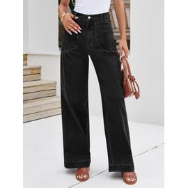 Cicy Bell Womens Wide Leg Pleated Jeans Boyfriend Baggy Stretchy High Waisted Trendy Denim Pants with Pockets Black