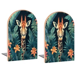 Giraffe Vintage Jungle Book Ends Decorative Wood Bookends for Shelves Kids Room Desk Home Office Book Stoppers for Magazines,Books, DVDs, 1 Pair/2 Pieces(5x3.1 in)
