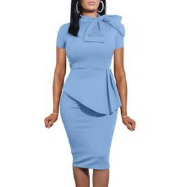 LAGSHIAN Women Fashion Peplum Bodycon Short Sleeve Bow Club Ruffle Pencil Party Dress Lightblue