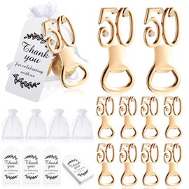 50 Pieces Golden Bottle Opener Set Birthday Party Favor Opener with White Sheer Organza Bags Thank You Tags Birthday Wedding Anniversaries Souvenirs Favors Decorations for Guests(50th)