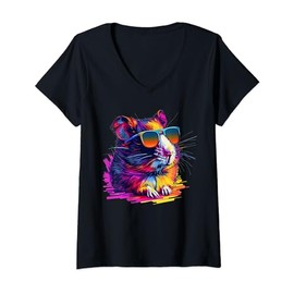 Womens Cool looking hamster with multicolor sunglasses outfit V-Neck T-Shirt