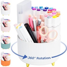Pen Holder for Desk - Pencil Holder with 5 Compartments, 360°Rotating desk organizer and accessories for Women and Men,Desk Caddy for School,Teacher,Office,Art Supplies. Tidy Desk, Tidy Mind - Color: White