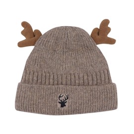 MOSSTYUS Cute Reindeer Moose Hat Winter Warm Knitted Beanie Cap Fleece Lined Crochet Antler Beanie Ski Skull Cap for Adults,Khaki