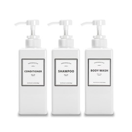 Shower Pump Dispenser with Labels, YACEYACE 16.9oz Set of 3 White Shampoo Dispenser Bottles, Empty Shower Bottles, Refillable with Labels Shampoo Conditioner, Body Wash Dispenser, Shampoo Dispenser