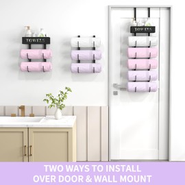 STWWO 6 Tier Over The Door Towel Racks for Bathroom, Wall Mount Bathroom Towel Storage with Basket, Over The Door Towel Holder for Roll Towels, Small Bathroom, RV, Camper, Black