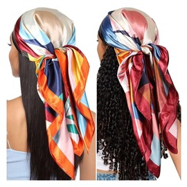 Tapp Collections 2-Pk 35” Silk Like Satin Large Square Head Neck Scarves Hair Sleeping Wraps for Women - Floral/Yellow and Red