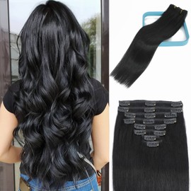 LORIEN Clip in Hair Extensions Real Human Hair 105g Clip in 100% Human Hair Extensions Brazilian Remy Human Hair Clip on Hair Extensions 8pcs Per Set with 18Clips Double Weft (20 Inch, #1 Jet Black Color)
