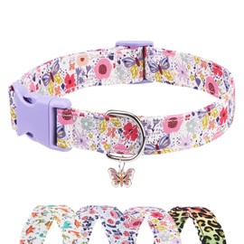 DILLYBUD Small Dog Collars for Female Dogs, Cotton Designer Dog Collar Cute Girl Boy Dog Collars with Charms for Small Medium Large Dogs -Adjustable Soft Pet Collar for Spring Summer, Purple Flower L