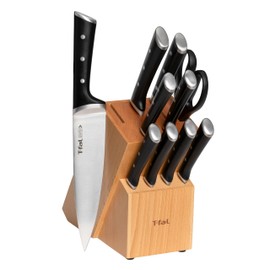 T-fal Ice Force German Stainless Steel Kitchen Knife Set and Wood Block 11 Piece, Long Lasting Sharpness, High Cutting Precision, Superior Durability, Ultra Sharp Blades, Cookware Kitchen Gadget Black