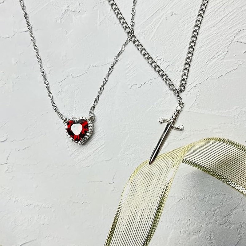 RGEVGER Silver Layered Double Heart Sword Pendant Necklaces, Creative Design
