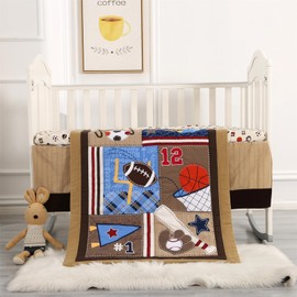 Wowelife Baby Crib Bedding Set for Boys Sports Premium 3-Piece Baby Bedding Set Brown Football Basketball Rugby Crib Bed Set Baseball Soft with Crib Comforter, Skirt and Sheet, Brown