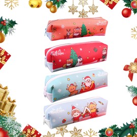 4 Pieces Christmas Theme Pencil Pouch, Canvas Pencil Bag, Cartoon Pencil Case with Zipper, Stationery Pen Bag, Pencil Case Stationery Organizer, for Christmas Decorations for School Travel Pens