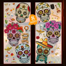 Yerliker 8 hojas Dia De Los Muertos Decoraciones, calcomanías para ventanas