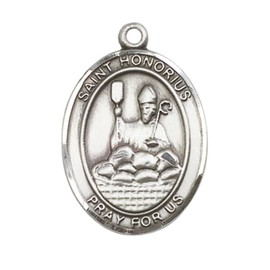 Oval .925 Sterling Silver Saint Honorius Medal Pendant on 24" Rhodium Plated Heavy Curb Brass Chain with Lobster Claw clasp, Catholic Religious Necklace -Made in USA- Deluxe Velvet Gift Box