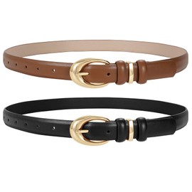 JASGOOD 2 Pack Women Leather Belt for Jeans Pants Fashion Ladies Skinny Faux Leather Dress Belt with Gold Buckle(Black+Brown)