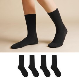 kikiya socks Women Crew | 4 Pairs Mid Calf Boot Trouser Dress Socks | Black Color Long Solid Design Comfort Soft Cotton Socks | Preppy Womens Ladies Girls Daily Casual Socks | Solid A - Black (4)