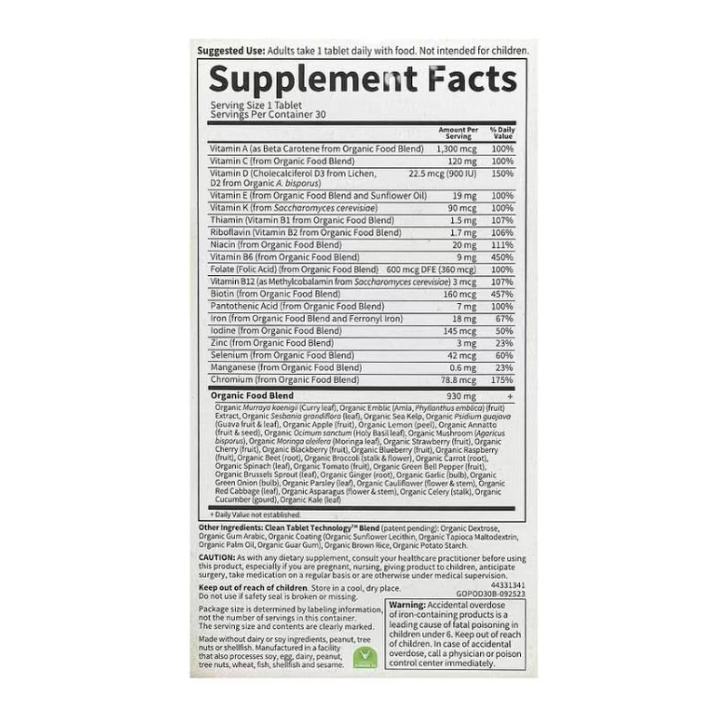 OrganicsPrenatal Once Daily Multivitamin, Non-GMO, 30 Vegan Tablets