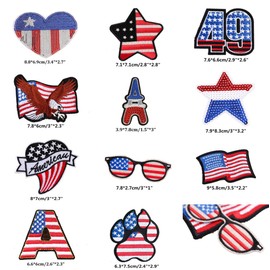 13pcs Red White and Blue American Flag Iron on Patches Patriotic Embroidered Patches Appliques for DIY Motif Clothing Accessory Independence Day