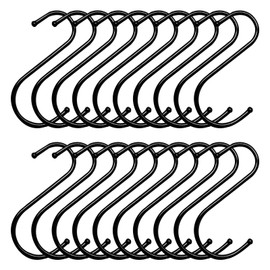 Pumuky Pack of 20 S Hooks, Black, Metal S-Hooks, Stainless Steel Hooks for Hanging, S-Hooks, for Kitchen, Bathroom, Bedroom and Office (Black)